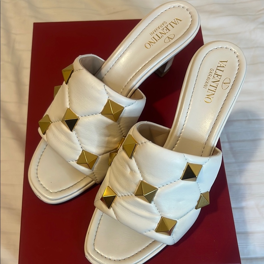Valentino Garavani White and Gold Mules with Pyramid Studs